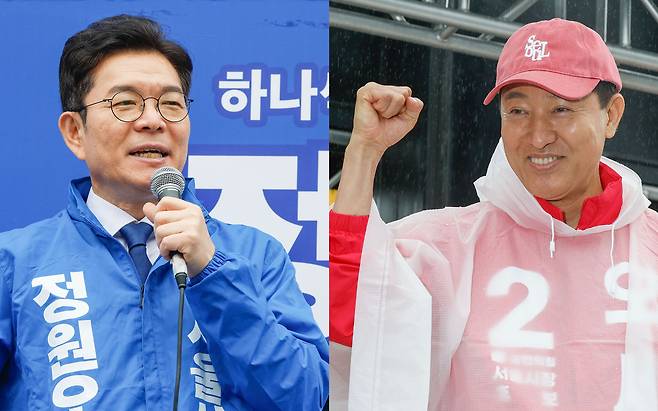 더불어민주당 정원오, 국민의힘 오세훈 서울시장 후보가 21일 서울 광진구 자양사거리, 성북구 삼양사거리에서 열린 거리 유세에서 지지를 호소하고 있다.