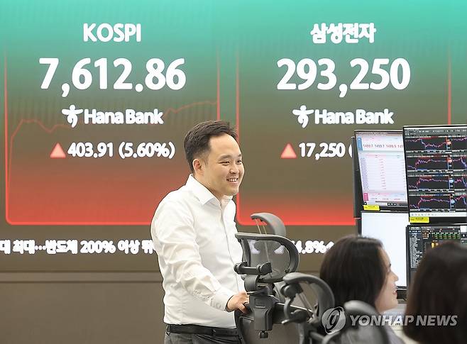 삼성전자 주가 '방긋' (서울=연합뉴스) 박동주 기자 = 코스피가 급등 출발한 21일 서울 중구 하나은행 딜링룸 전광판에 삼성전자 주가가 표시돼 있다. 2026.5.21 pdj6635@yna.co.kr