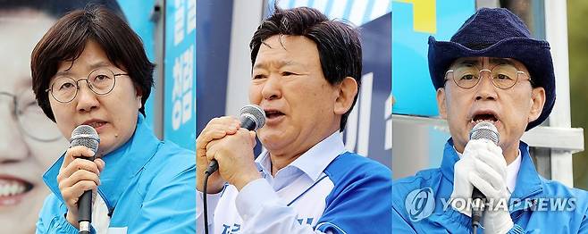 유세하는 고의숙·김광수·송문석 제주교육감 후보 (제주=연합뉴스) 김호천 기자 = 제9회 전국동시지방선거 제주도교육감 선거에 출마한 고의숙(왼쪽부터)·김광수·송문석 후보가 유세하는 모습. 2026.5.21 khc@yna.co.kr