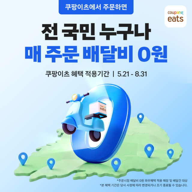 쿠팡이츠가 일반회원에게 ‘매 주문 배달비 0원‘ 혜택을 제공하는 프로모션을 8월까지 진행한다고 밝혔다. 이번 프로모션은 쿠팡이츠가 와우회원 대상 제공하는 고객 배달비 0원 혜택을 한시적으로 일반회원 대상 확대한 것으로 고유가·고물가 시기 소비 활성화를 지원하고자 마련됐다.(쿠팡 제공)