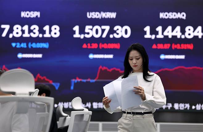 ▲코스피가 7,800선에서 등락하며 출발한 22일 서울 중구 우리은행 본점 딜링룸에서 직원들이 업무를 보고 있다. [사진=연합뉴스]