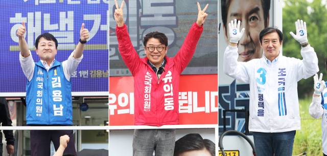 ▲경기 평택을 국회의원 재선거에 출마한 후보들이 지난 21일 경기도 평택시 일대에서 지지를 호소하고 있다. 왼쪽부터 더불어민주당 김용남, 국민의힘 유의동, 조국혁신당 조국. ⓒ연합뉴스