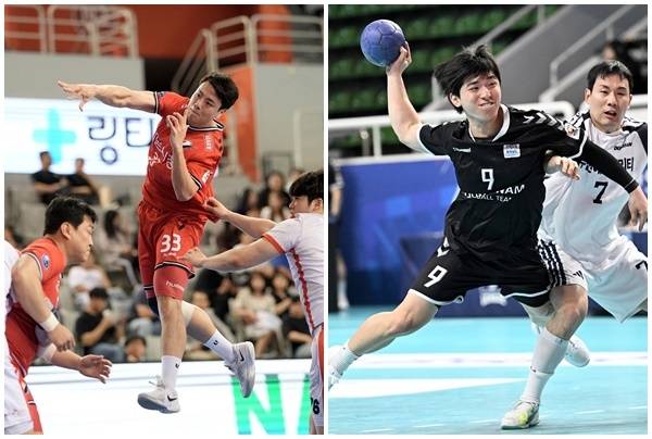 하남시청 김재순(왼쪽)과 충남도청 육태경. 한국핸드볼연맹 제공