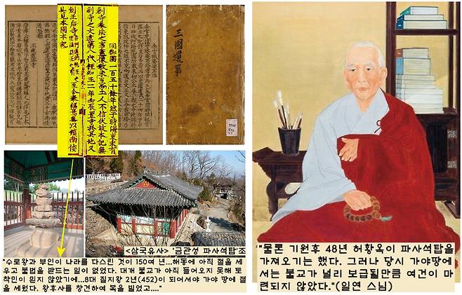 일연 스님은 “수로왕과 허황옥이 150여년간 나라를 다스렸지만 당시 가야인들은 불법을 받들지 않았다. 452년이 되어서야 사찰이 건립됐다”고 전했다. 일연은 이어 허황옥이 파사석탑을 가져오기는 했지만 당시 가야땅에서는 불교가 널리 보급될만큼 여건이 마련되지 않았다고 설명했다.