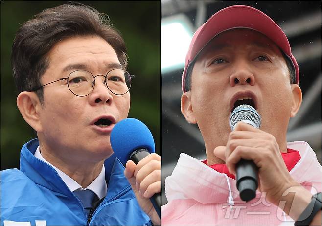 정원오 더불어민주당 서울시장 후보가 제9회 전국동시지방선거 공식 선거운동이 시작된 21일 서울 성동구 왕십리역 광장에서 열린 출정식에서 지지를 호소하고 있다. 오른쪽은 서울 강북구 삼양사거리에서 열린 첫 유세에서 지지를 호소하는 오세훈 국민의힘 서울시장 후보. 2026.5.21 ⓒ 뉴스1 오대일 기자,박지혜 기자
