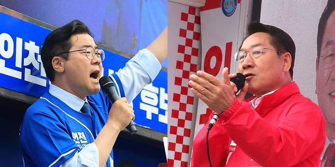 박찬대 더불어민주당 인천시장 후보(왼쪽)와 유정복 국민의힘 인천시장 후보. 뉴스1