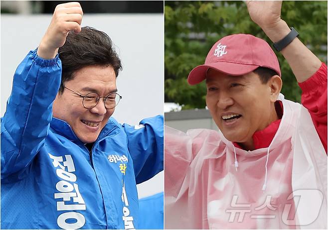 정원오 더불어민주당 서울시장 후보(왼쪽)와 오세훈 국민의힘 서울시장 후보가 제9회 전국동시지방선거 공식 선거운동이 시작된 지난 21일 서울 성동구 왕십리역 광장과 강북구 삼양사거리에서 유권자들에게 지지를 호소하고 있다. 2026.5.21 ⓒ 뉴스1 오대일 기자,박지혜 기자