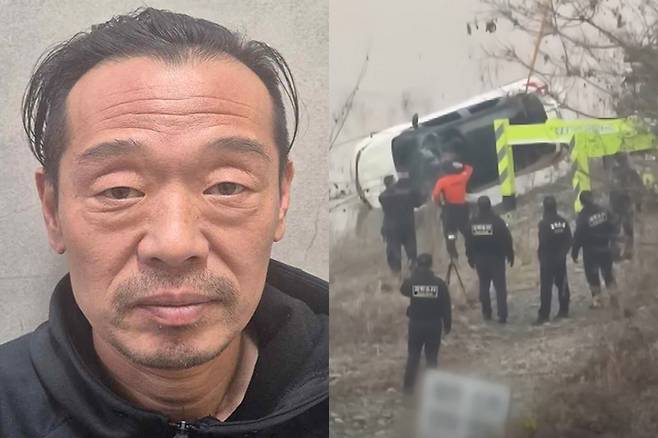 청주 실종여성 살해범 김영우(55) 머그샷. 오른쪽은 실종된 여성의 스포츠유틸리티차량(SUV)이 지난해 11월26일 충북 충주시 목벌동의 충주호에서 인양되는 모습. 충북경찰청 제공·JTBC 보도화면 캡처