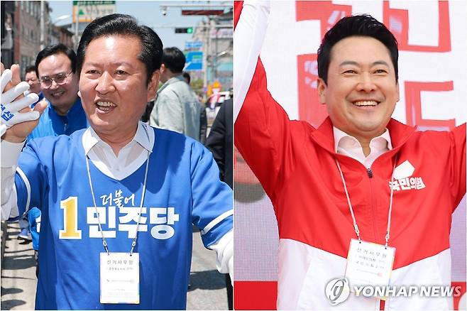 지원 유세 나선 정청래·장동혁 위원장 더불어민주당 정청래 총괄상임선거대책위원장(왼쪽)과 국민의힘 장동혁 상임선거대책위원장 [촬영 신현우 이동해]