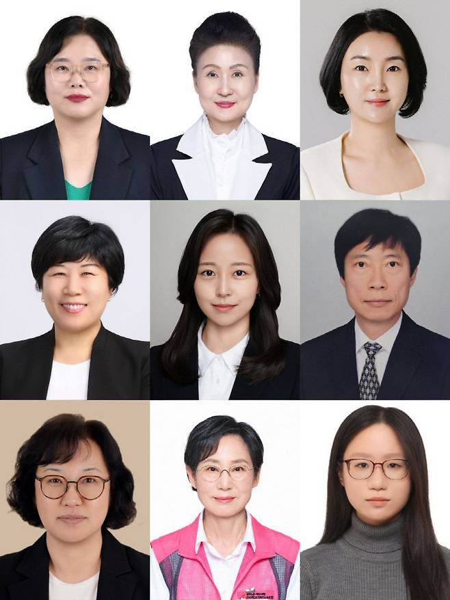 사진 위 왼쪽부터 민주당 김명숙, 강혜정, 국힘 곽효정, 둘째 줄 왼쪽부터 송동섭, 혁신당 김미라, 김윤기, 셋째 줄 왼쪽부터 정의당 김혜란, 진보당 강현옥, 소득당 송수미 후보. (사진=선관위 제공)