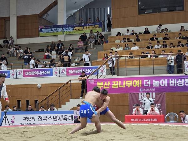 경남선수단 심상후(청색 샅바)가 25일 부산보건대학교에서 열린 씨름 용장급 결승에서 광주중학교 김하율과 경기를 펼치고 있다. /박신 기자