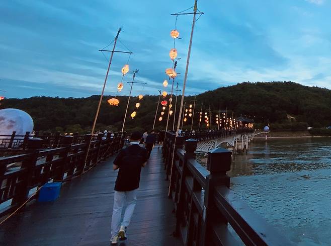 야간 조명이 켜진 안동 월영교를 관광객들이 걸으며 초여름 밤 풍경을 즐기고 있다. /이도훈 기자