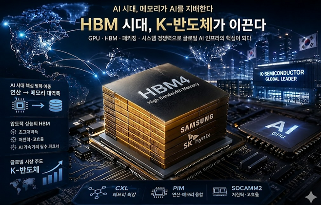 ▲고대역폭메모리(HBM)를 중심으로 한 차세대 인공지능(AI) 반도체 경쟁이 본격화되면서 삼성전자와 SK하이닉스 등 국내 기업들이 글로벌 AI 인프라 공급망의 핵심 축으로 부상하고 있다. 메모리가 AI 시대 핵심 자원으로 떠오르면서 K-반도체의 전략적 위상도 한층 커지고 있다는 평가가 나온다. 사진 = 챗GPT.