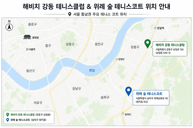 위례숲속코트와 해비치 강동 코트 위치