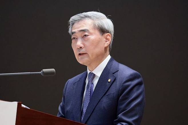 신현송 한국은행 총재가 지난달 21일 취임식에서 취임사를 하고 있다. 한국은행