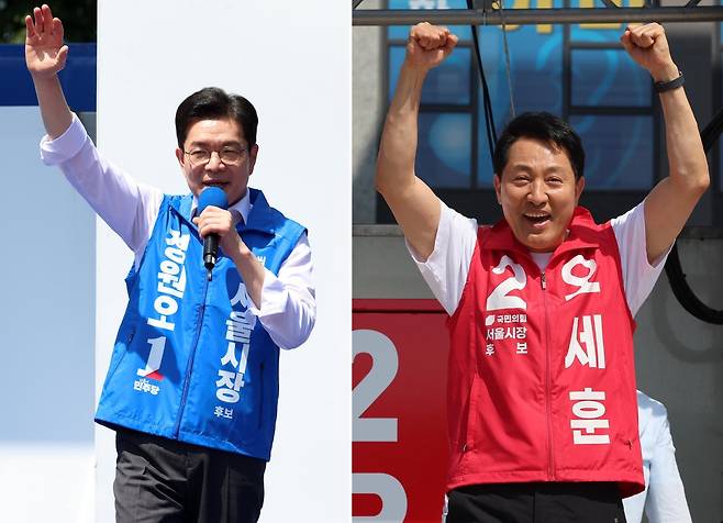 정원오 더불어민주당 서울시장 후보와 오세훈 국민의힘 서울시장 후보가 24일 선거운동 시작 후 첫 주말을 맞아 유세를 이어갔다. 사진은 정원오 후보가 서울 광진구 어린이대공원에서, 오세훈 후보가 서울 강동구 둔촌동역 사거리에서 유세를 하는 모습. 2026.05.24. [서울=뉴시스]