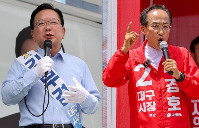 김부겸(왼쪽) 더불어민주당 대구시장 후보가 25일 오전 대구 달성군 유가파출소 앞에서, 추경호 국민의힘 대구시장 후보가 대구 동구 불로전통시장 인근에서 각각 지지를 호소하고 있다. 뉴시스