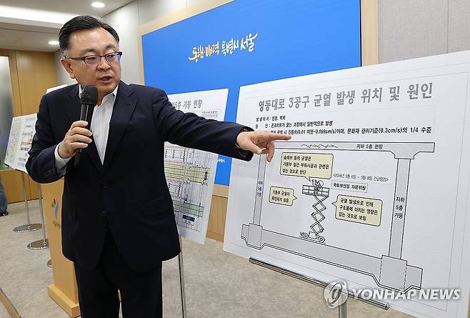 '균열 및 철근 누락' 관련해 설명하는 김성보 권한대행 (서울=연합뉴스) 김주형 기자 = 김성보 서울시장 권한대행이 25일 서울시청에서 브리핑을 열고 GTX-A 노선 철근 누락이 밝혀진 영동대로 복합개발 3공구 건설공사와 관련해 설명하고 있다. 2026.5.25 kjhpress@yna.co.kr