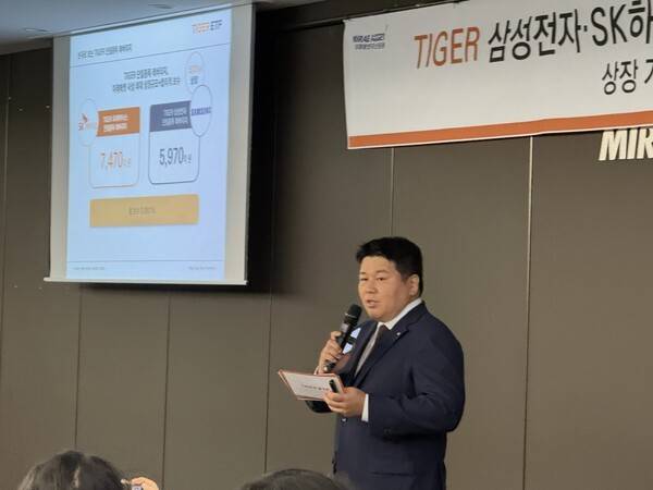 TIGER 삼성전자·SK하이닉스 단일종목 레버리지 상품 리스크를 설명하는 이정환 상무. [출처=조승열 기자]