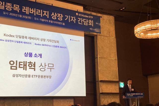 삼성자산운용은 26일 서울 중구 더플라자 호텔에서 기자간담회를 열고 KODEX 단일종목 레버리지 상품 2종의 운용전략과 투자 활용법, 투자자 유의사항 등을 소개했다. 사진은 이날 상품 설명을 맡은 임태혁 ETF운용본부장. [사진=송윤서 기자]