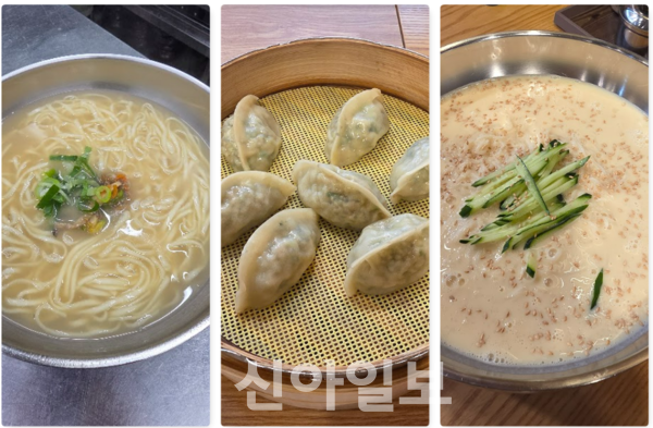 밀숲의 대표메뉴인 칼국수, 만두와 계절면류 콩국수 [사진=강동완 기자]