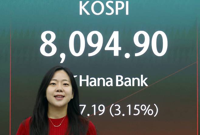 26일 서울 중구 하나은행 본점 딜링룸 전광판에 코스피 등 시황이 표시되고 있다. 이날 코스피는 전 거래일 대비 210.07포인트(p)(2.68%) 상승한 8057.78, 코스닥은 29.52포인트(p)(2.54%) 상승한 1190.65, 달러·원환율은 전 거래일 오후 3시 30분 주간종가 대비 2.2원 내린 1515.0원에 개장했다.(사진=뉴스1)