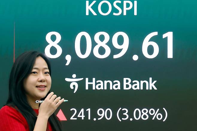 26일 서울 하나은행 본점 딜링룸 전광판에 코스피 지수 등 시황이 표시되고 있다./뉴스1