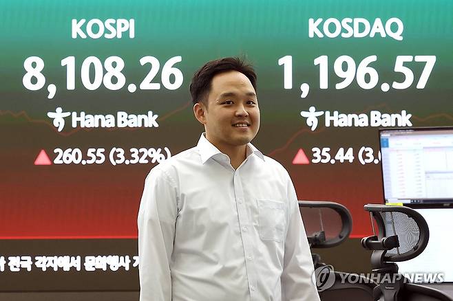 코스피, 상승세 (서울=연합뉴스) 이지은 기자 = 26일 서울 중구 하나은행 딜링룸 현황판에 코스피 등이 표시되고 있다. 이날 코스피는 전 거래일 대비 223.20포인트(2.84%) 오른 8,070.91로, 코스닥지수는 28.15포인트(2.42%) 오른 1,189.28로 출발했다. 2026.5.26 jieunlee@yna.co.kr