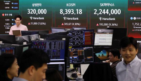 27일 오전 서울 중구 하나은행 딜링룸 현황판에 코스피지수와 삼성전자, SK하이닉스의 주가가 표시돼 있다. 연합뉴스
