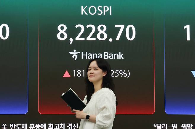 27일 서울 중구 하나은행 본점 딜링룸 현황판에 코스피가 표시돼 있다. 이날 코스피는 전장보다 181.19p(2.25%) 오른 8,228.70으로 마감했다. 사상 최고치다. 연합뉴스