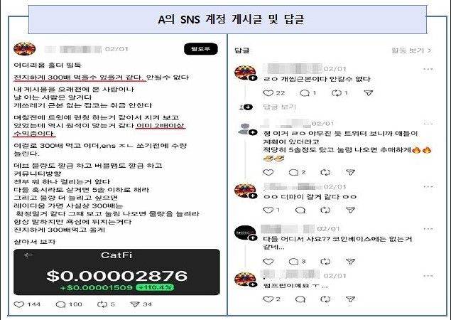 인플루언서 A씨가 자신이 코인 발행과 무관한 투자자인 것처럼 행세하며 "300배 먹을 수 있다"는 글을 올려 투자자들의 매수를 유도한 SNS 글. 서울남부지검 제공