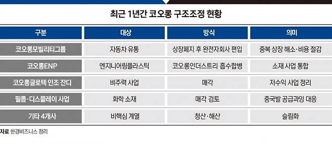 최근 1년간 코오롱 구조조정 현황. 그래픽=박명규 기자