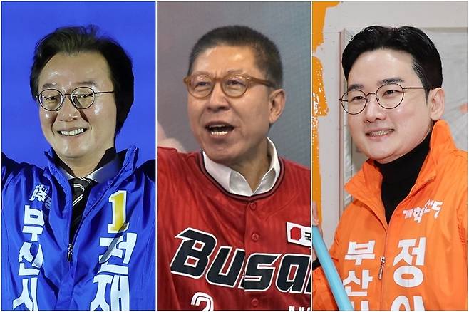 부산시장 출마자들. 왼쪽부터 전재수 더불어민주당 후보, 박형준 국힘의힘 후보, 정이한 개혁신당 후보. [연합]