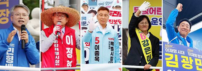 지지 호소하는 전남광주특별시장 후보들6·3 지방선거 공식선거운동 첫날인 21일 광주·전남 지역에서 전남광주통합시장 후보들이 거리 유세를 하고 있다. 왼쪽(기호순)부터 더불어민주당 민형배, 국민의힘 이정현, 진보당 이종욱, 정의당 강은미, 무소속 김광만 후보. /임문철 기자 35mm@namdonews.com/연합뉴스