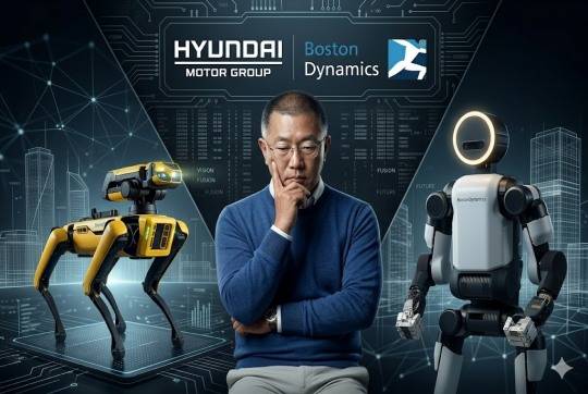 Hyundai Motor Group Chairman Chung Eui-sun with Boston Dynamics' robot dog 'Spot' and humanoid robot 'Atlas'/ Created with generative AI