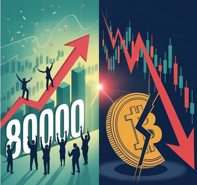 코스피 8000시대가 열린 가운데 비트코인은 3개월째 하락세를 이어가고 있다. /챗GPT