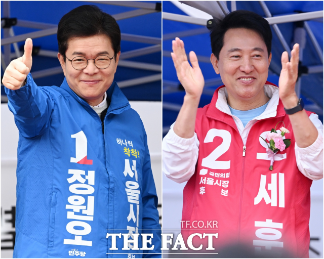 정원오 더불어민주당 서울시장 후보(왼쪽)와 오세훈 국민의힘 서울시장 후보가 치열한 선거전을 펼치고 있다. /서예원 기자