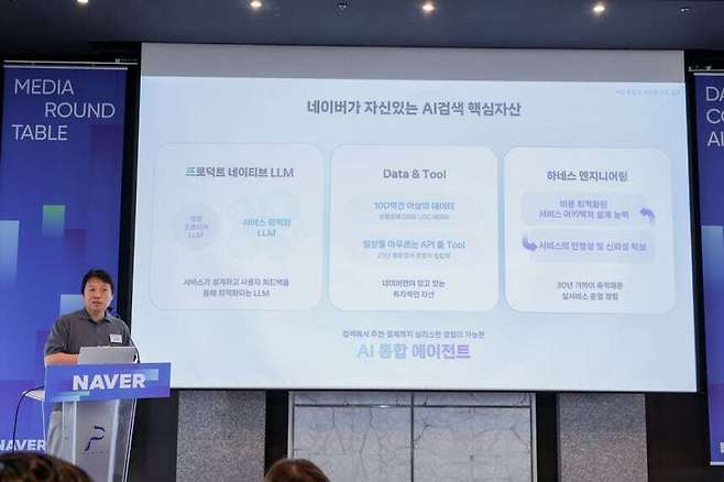 네이버 김상범 검색 플랫폼 부문장이 28일 오전 서울 중구 더 플라자 호텔에서 열린 간담회에서 발표하고 있다. 네이버 제공