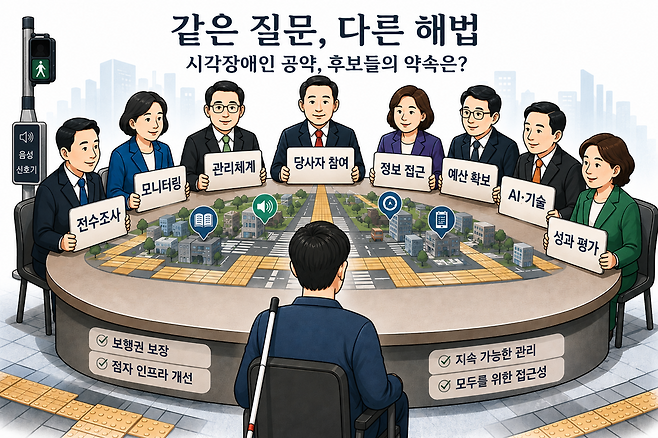 오픈AI의 생성형 인공지능 챗지피티로 각 후보자들의 핵심 메시지를 추려 이미지로 구성했다. 이미지 맨 위에는 '같은 질문, 다른 해법' 시각장애인 공약, 후보들의 약속은?이라는 제목이 있으며, 정장을 입은 남·여 후보자들이 원탁에 앉아 ▲전수조사 ▲모니터링 ▲관리체계 ▲당사자 참여 ▲정보 접근 ▲예산 확보 ▲AI·기술 ▲성과 평가 등 내용이 담긴 팻말을 의자에 앉은 시각장애인 유권자 앞에 꺼내들고 있다.