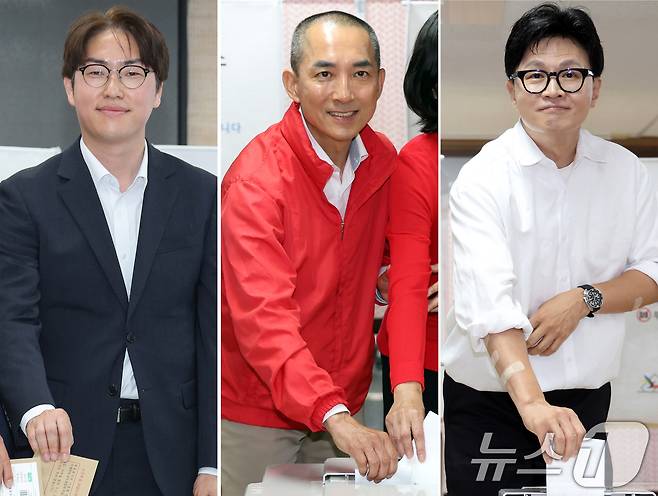 하정우 더불어민주당 부산 북구갑 국회의원 후보(왼쪽부터), 박민식 국민의힘 부산 북구갑 국회의원 후보, 한동훈 무소속 부산 북구갑 국회의원 후보가 29일 부산 북구 덕천2동행정복지센터, 만덕제2동행정복지센터에서 각각 사전투표를 하고 있다. (공동취재) 2026.5.29 ⓒ 뉴스1 윤일지 기자