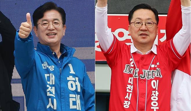 민주당 허태정(왼쪽) 대전시장 후보와 민의힘 이장우 후보. 연합뉴스