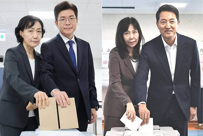 정원오(왼쪽) 더불어민주당 서울시장 후보 내외와 오세훈 국민의힘 서울시장 후보 내외가 29일 서울 중구 소공동행정복합청사에 마련된 사전투표소와 용산구 한남동 주민센터에 마련된 사전투표소에서 한표를 행사하고 있다. 뉴시스