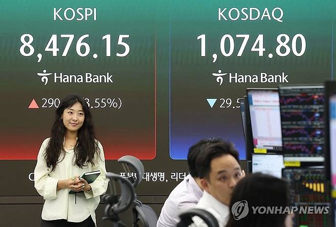 29일 서울 중구 하나은행 본점 딜링룸 전광판에 코스피, 코스닥 지수가 표시돼 있다. 이날 코스피는 전일보다 290.86포인트(3.55%) 오른 8476.15로, 코스닥은 29.56포인트(2.68%) 내린 1074.80으로 마감했다. [연합뉴스]