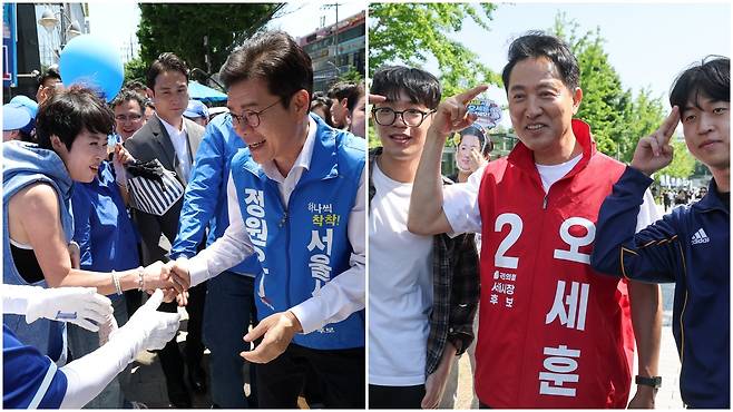 더불어민주당 정원오 서울시장 후보가 29일 서울 강북구 미아사거리역 인근에서 열린 선거유세에서 유권자들과 악수를 하고 있다. (왼쪽 사진) 오른쪽은 국민의힘 오세훈 서울시장 후보가 같은날 서울 서대문구 연세대를 찾아 유권자들과 함께 사진 촬영을 하는 모습. /연합뉴스