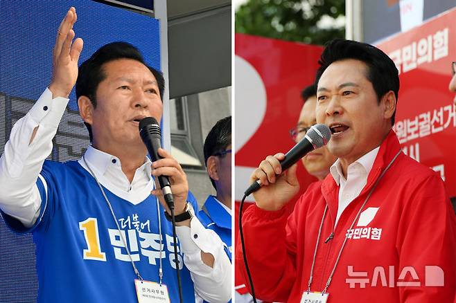 [서울=뉴시스] 고승민·김명년·박기웅 기자 = 정청래 더불어민주당 총괄상임선거대책위원장과 장동혁 국민의힘 상임선거대책위원장이 24일 각각 전남지역과 인천지역에서 유세 활동을 이어갔다. 사진은 정청래 위원장이 전남 담양시장에서, 장동혁 위원장이 인천 연수 옥련시장에서 유세를 하는 모습. 2026.05.24. photo@newsis.com