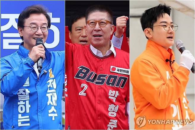부산시장 후보들 더불어민주당 전재수(왼쪽부터), 국민의힘 박형준, 개혁신당 정이한 부산시장 후보 [연합뉴스 자료사진·후보 캠프 제공. 재판매 및 DB 금지]