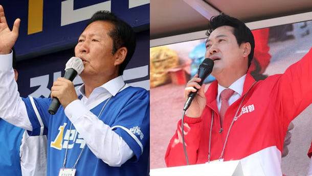 (왼쪽) 정청래 더불어민주당 대표가 지난 30일 전남 순천시에서 손훈모 순천시장 후보 지원 유세를 하고 있다. (오른쪽) 장동혁 국민의힘 대표가 지난 30일 강원 춘천시에서 정광열 춘천시장 후보 지지를 호소하고 있다. /연합뉴스