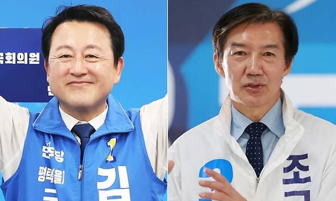 6·3 경기 평택을 국회의원 재선거에 출마한 김용남 더불어민주당 후보(왼쪽)와 조국 조국혁신당 후보. 공동취재사진, 정용일 선임기자 yongil@hani.co.kr