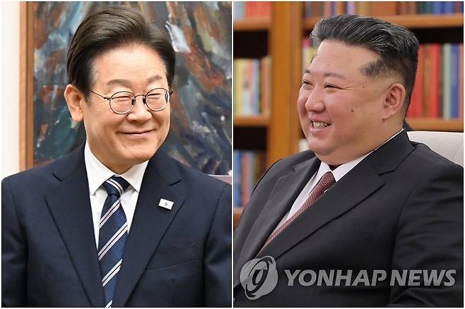 이재명 대통령(왼쪽)과 김정은 북한 국무위원장 [촬영 한상균] 2025.6.26 [조선중앙통신=연합뉴스. 국내에서만 사용가능. 재배포 금지. For Use Only in the Republic of Korea. No Redistribution] 2025.6.5