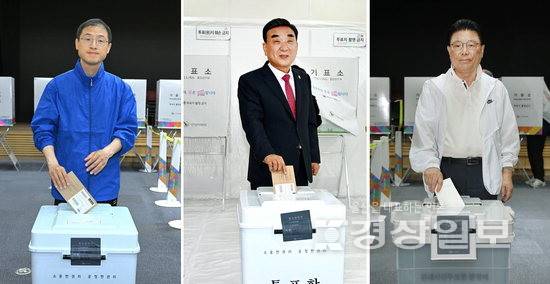 ▲ 사전투표 첫날인 지난달 29일 왼쪽부터 김상욱 더불어민주당 울산시장 후보, 김두겸 국민의힘 울산시장 후보, 박맹우 무소속 울산시장 후보가 투표하고 있다. 김동수기자 ·송준현 인턴기자
